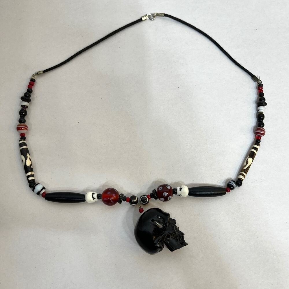 Skull Pendant Bead Skeleton Necklace 14" Cord Goth Halloween Handmade Black Red